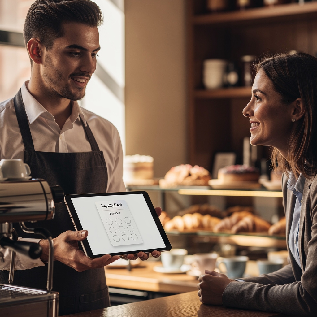 Barista w kawiarni omawiający program lojalnościowy z klientem przy ladzie